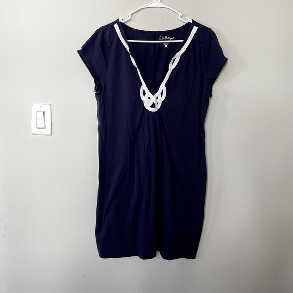Lilly Pulitzer navy blue v-neck short sleeved sheath dress pima cotton size XL
